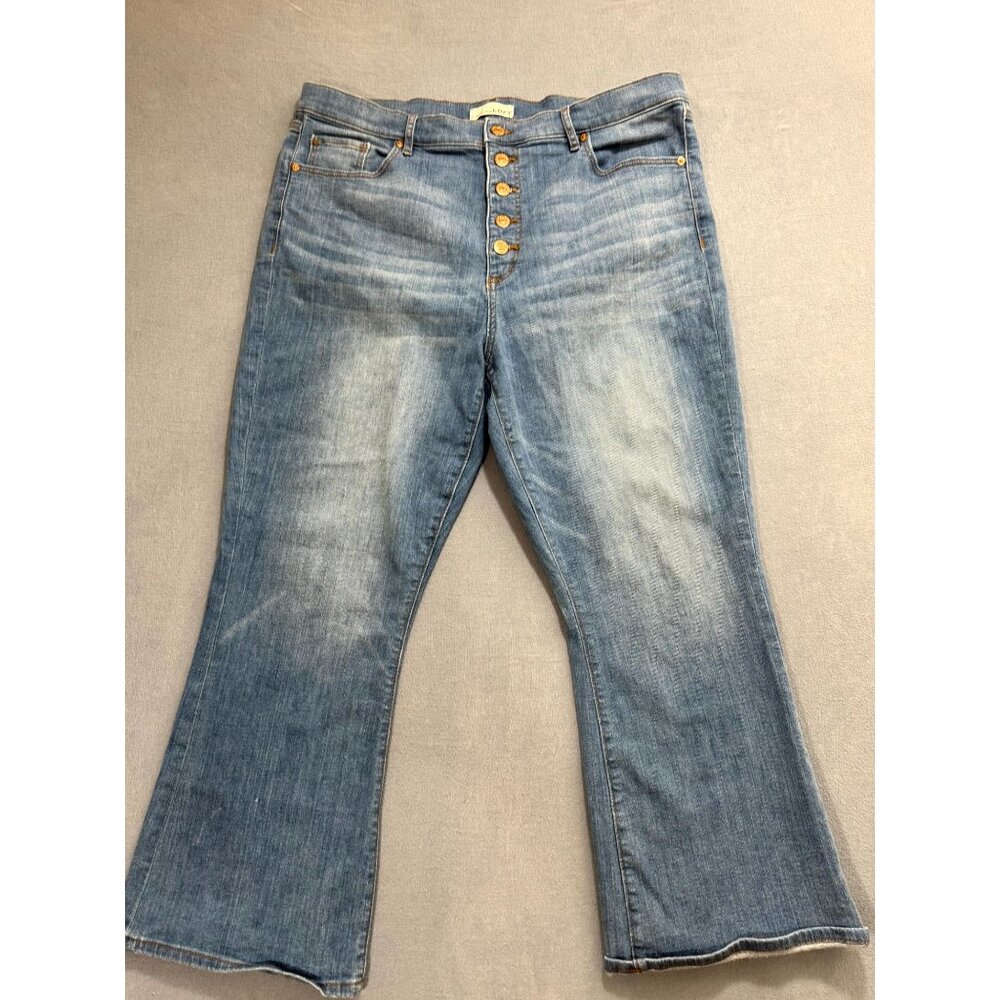 Loft Jeans Button Fly High Rise Kick Bootcut Crop Curvy Denim Stretch Blue W35
